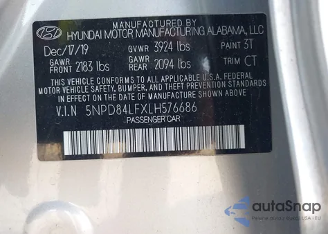 2020 Hyundai Elantra Sel z USA, uszkodzony, nr VIN 5NPD84LFXLH576686